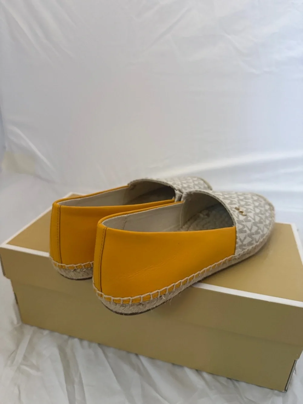 Michael Kors MK Logo Espadrille Flats in White and Tan with Yellow Trim